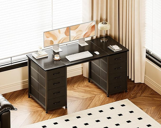 Casaottima 48 Inches Computer Desk with 8 Fabric Drawers, Modern Office Desk with Large Storage for Home Office, Study, Black