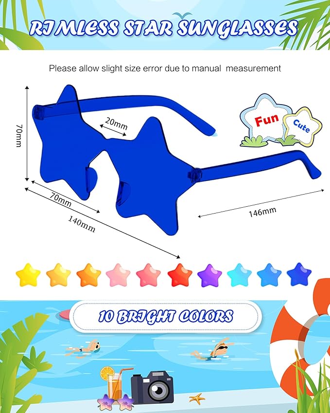 40 Pairs Rimless Star Sunglasses Bulk Wholesale Transparent Candy Color Star Glasses for Women Men Party Favors