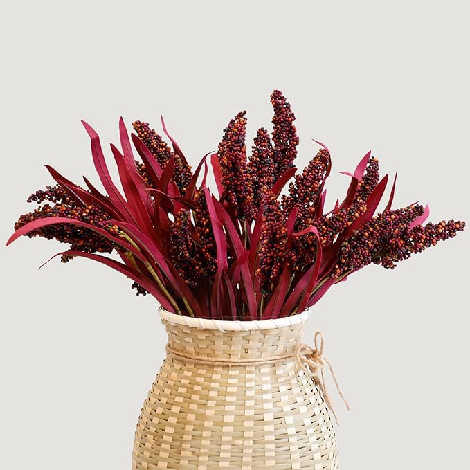 KBREE 16" Artificial Fall Grain Bundles for Thanksgiving Decoration, 4 Packs Rustic Harvest Sheaves with Aged Leaves, Faux Grain Bouquets for Thanksgiving Table Centerpiece, Farmhouse Decor (Claret)