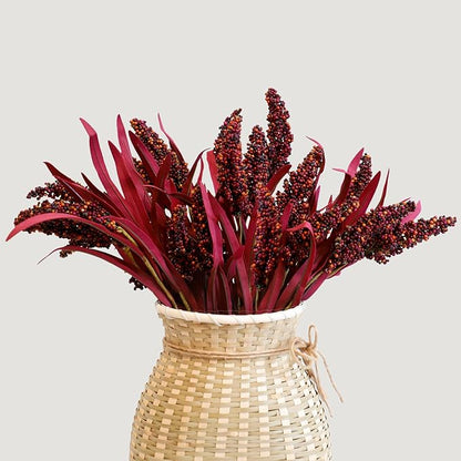 KBREE 16" Artificial Fall Grain Bundles for Thanksgiving Decoration, 4 Packs Rustic Harvest Sheaves with Aged Leaves, Faux Grain Bouquets for Thanksgiving Table Centerpiece, Farmhouse Decor (Claret)