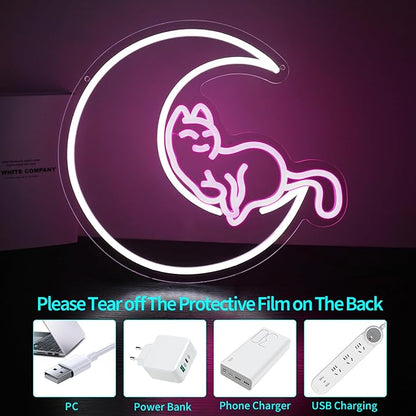 Neon Sign, HSJNJKFU Moon Cat Neon Signs for Wall Decor White Pink LED Cat Signs for Man Cave Room Home Party Birthday Beer Signs - Neon Light USB Powered