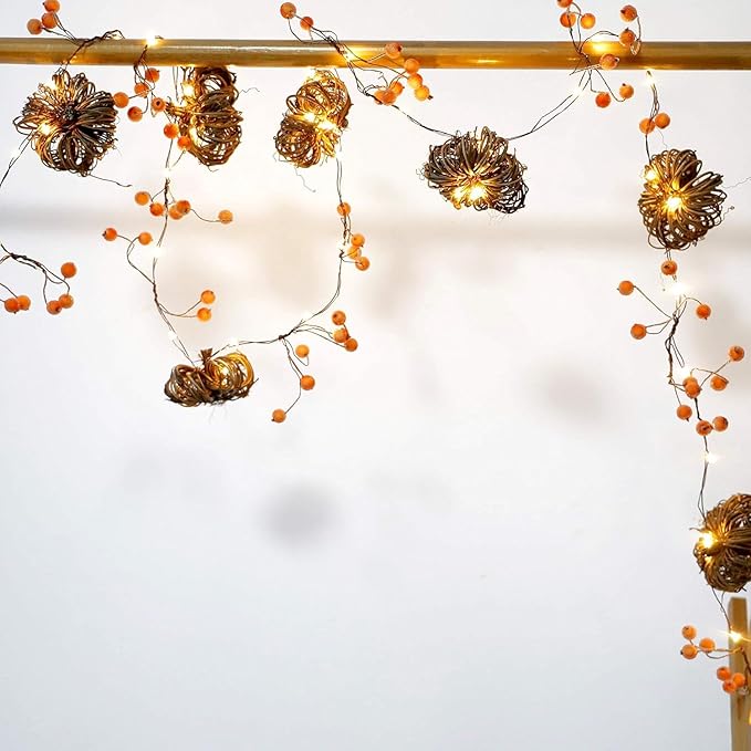 Halloween Decorations Rattan Pumpkin String Lights 10ft 30LEDs Fall Garland with Lights Battery Operated Fall Lights with Remote for Home Halloween Thanksgiving Indoor Outdoor Harvest Decor