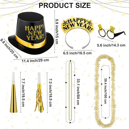 Fovths 132 Pieces 2026 New Years Eve Party Supplies Includes Glasses Top Hats Headband Noisemakers Horns Bead Necklaces Plastic Leis New Year Party Favors for Celebration Decoration Gift