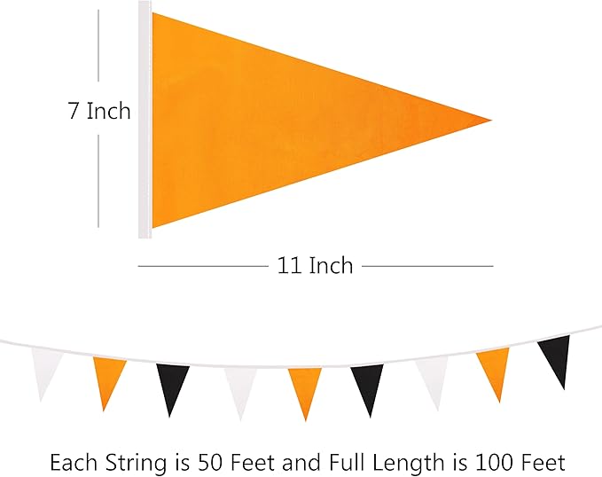 100 Ft White Orange Black Pennant Banner Flag, 60 Pcs String Hanging DIY Bunting Flags for Party, School, Birthday, Wedding, Carnival, Celebrations, Outdoor and Indoor Decorations (White Orange Black)