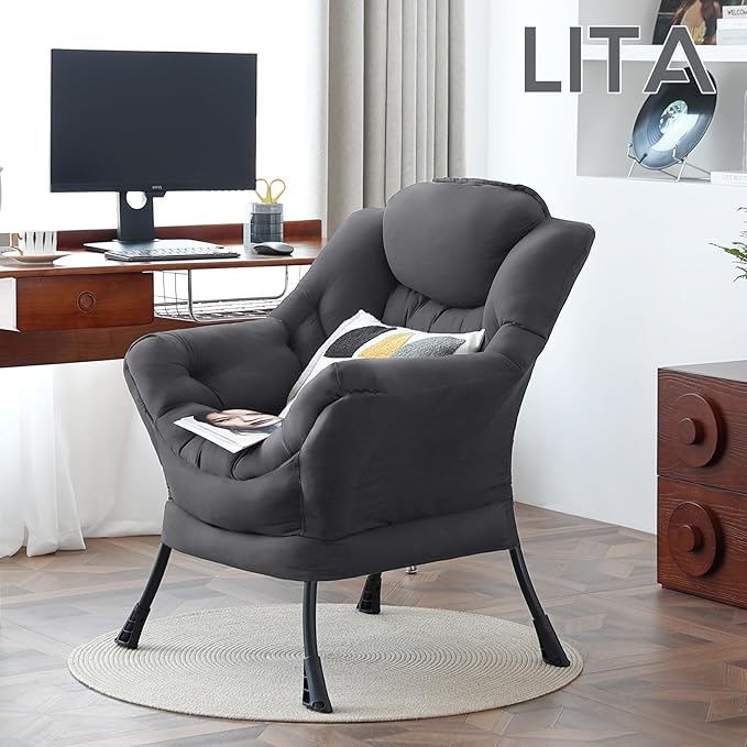 LITA Lazy Chair with Armrests and Side Pocket, Modern Upholstered Accent Reading Chair for Living Room, Bedroom, Dorm, Small Spaces, Single Dark Grey