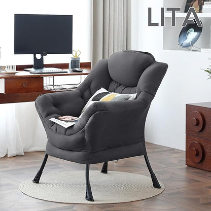LITA Lazy Chair with Armrests and Side Pocket, Modern Upholstered Accent Reading Chair for Living Room, Bedroom, Dorm, Small Spaces, Single Dark Grey