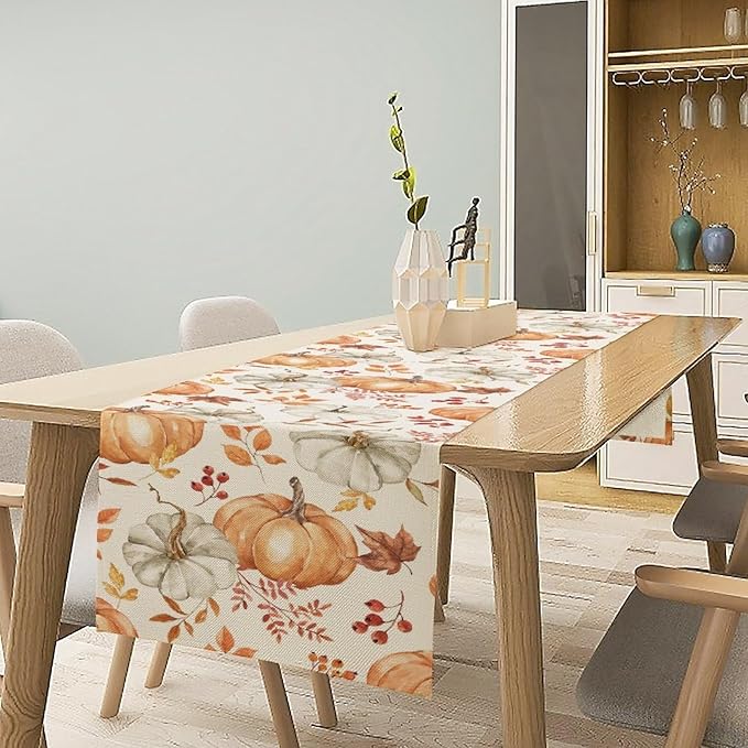 Pumpkin Table Runner Fall Orange White Colorful Leaves Berries Thanksgiving Watercolor Illustration Rustic Decor for Farmhouse Indoor Outdoor Party Holiday Dining Kitchen Restaurant Cafe W13xL120in