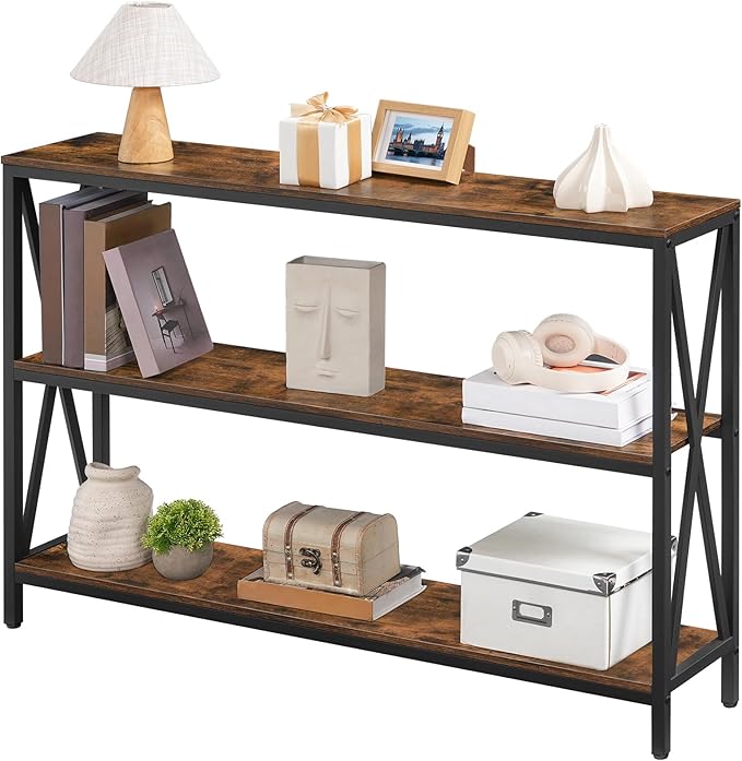 47.2" Sofa Table, Industrial Console Table, 3-Tier Narrow Side Table with Open Shelves, Foyer Table for Entryway, Hallway, Kitchen, Living Room and Bedroom, Rustic Brown CTHR800201