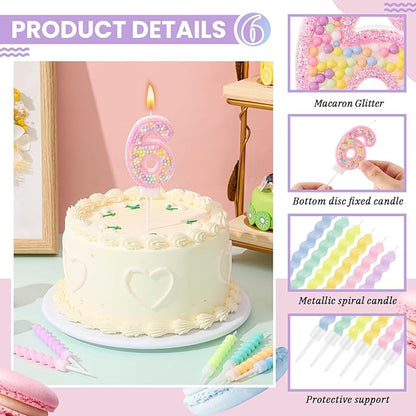MTLEE Number 6 Birthday Candle with 12 Pcs Spiral Candles for Girls Macaron Pastel Rainbow Unicorn Pink Cake Topper for Sweet Theme Party Decoration