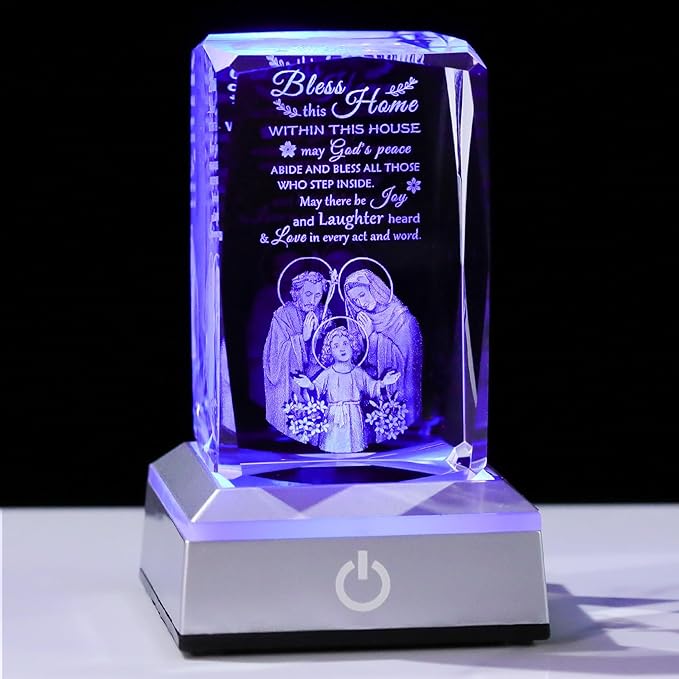 Movdyka House Warming Gifts New Home, Bless This Home Laser-Engraved Crystal Cube with Color-Changing LED Base - Spiritual Housewarming Gift for Christian Desk Decor