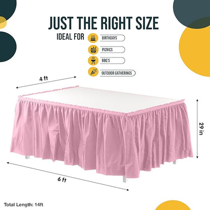 Exquisite Ruffle Table Skirt Pink 2 Pack 14 Ft Long Table Skirts for Rectangle Tables 6ft Plus or Round Tables Skirts with Adhesive Strip for Gender Reveal Decor & Happy Birthday Parties