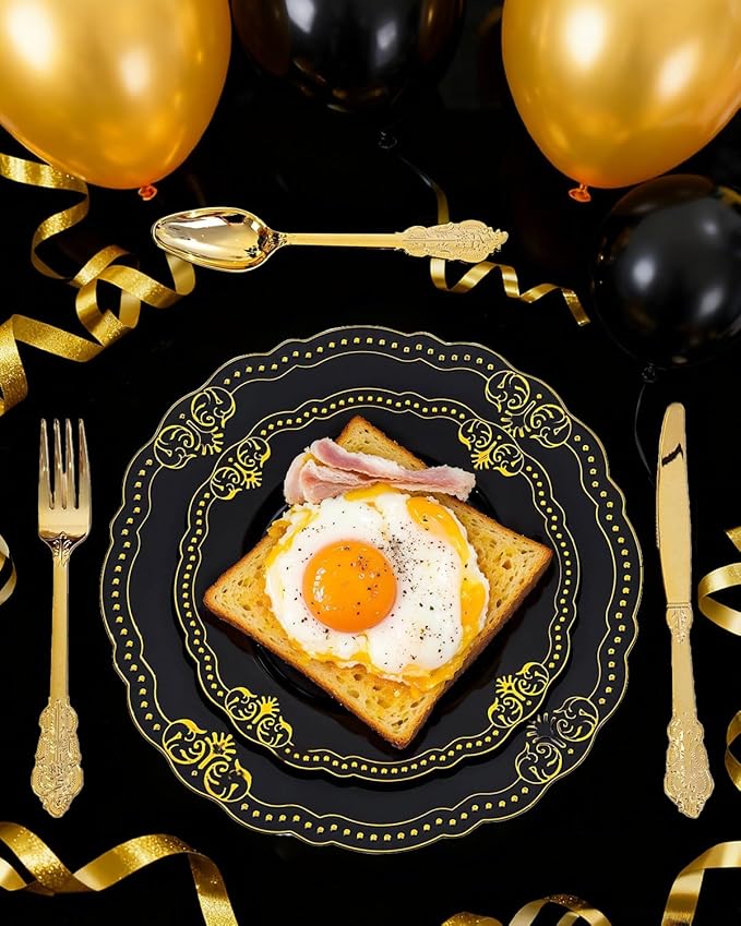 Ciaell 350 PCS Black Plastic Plates - Black and Gold Plates - Black Disposable Plates Include 50 Disposable Plate, 150 Heavy Duty Silverware, 50 Cups, 50 Napkins for Wedding & Party & New Year