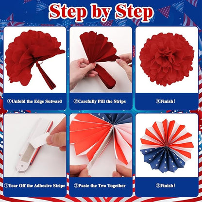 25 PCS US 250th Anniversary Decorations Set, 4th of July Decoration, Red White Blue Paper Fans in Patriotic Designs, 250 Years Garland Set for Independence Memorial Day Party Supplies Decor
