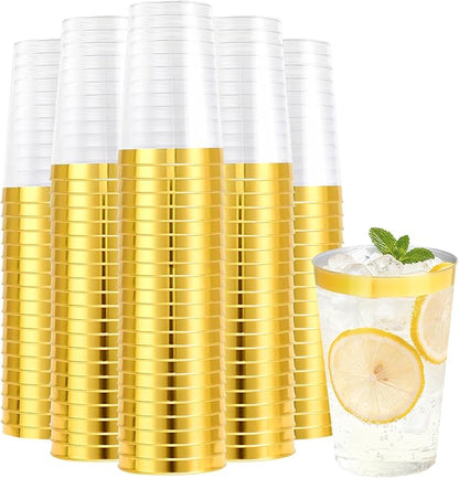 100 Pack 12 oz Gold Plastic Cups, Disposable Clear Plastic Cups for Cocktail Party With Heat Resistance (12oz 100count Gold)