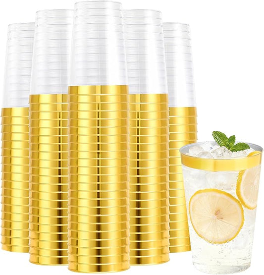 100 Pack 12 oz Gold Plastic Cups, Disposable Clear Plastic Cups for Cocktail Party With Heat Resistance (12oz 100count Gold)