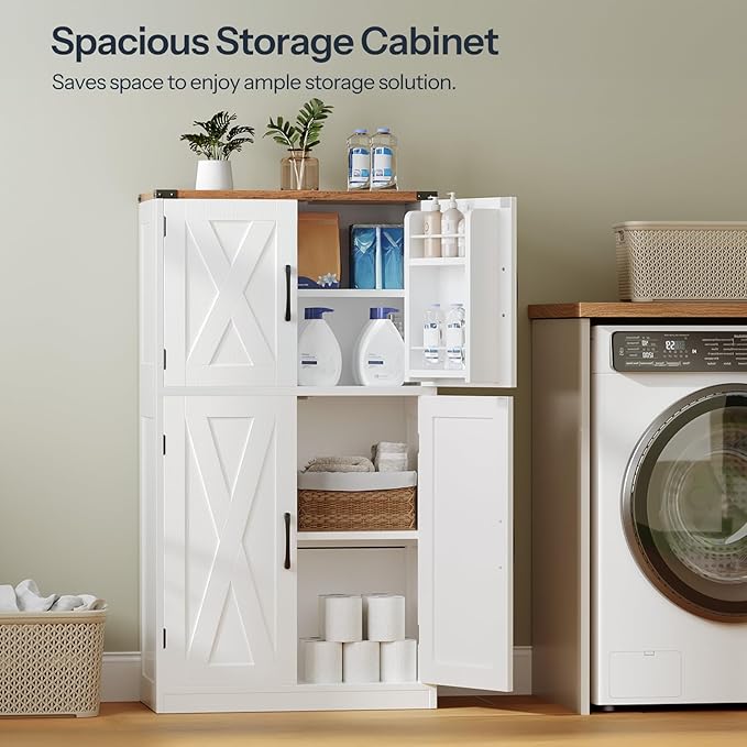 HOOBRO Bathroom Storage Cabinet, Farmhouse Freestanding Floor Cabinet with 2 Extra Hidden Storage Doors, Adjustable Shelves, Large Capacity, Easy Assembly, 11.8 x 23.6 x 43.5 Inches, White and Walnut