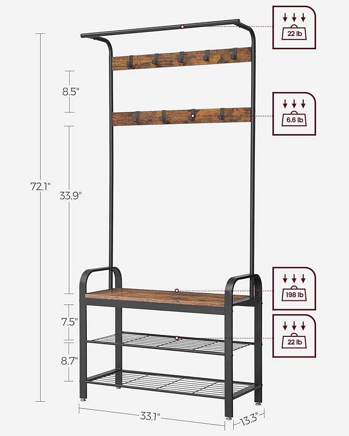 VASAGLE Coat Rack, Hall Tree with Shoe Bench for Entryway, Entryway Bench with Coat Rack, 4-in-1, with 9 Removable Hooks, a Hanging Rod, 13.3 x 33.1 x 72.1 Inches, Rustic Brown and Black UHSR400B01