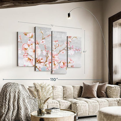 Elephant Stock Spring Cherry Blossoms Wall Art - Horizontal Canvas - 4-Piece Living Room Wall Decor - Painting Floral and Botanical Canvas Print - Pink and Brown Decor for Wall by Eva Watts - 75" X 48"