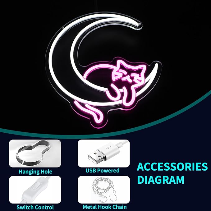 Moon Cat Neon Sign, JGHTURIE Pink Neon Signs for Wall Decor Cute Animal Light Up Sign Game Room Bar Party Led Signs for Man Cave Kids Decor USB Powered