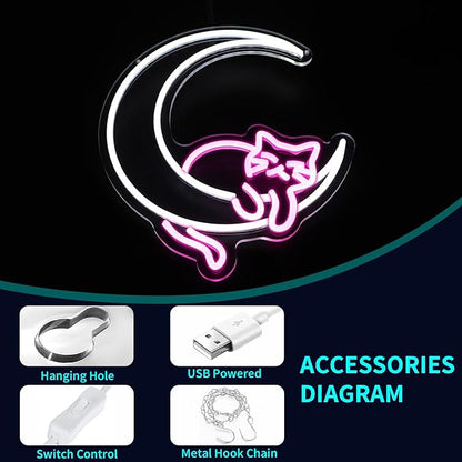 Moon Cat Neon Sign, JGHTURIE Pink Neon Signs for Wall Decor Cute Animal Light Up Sign Game Room Bar Party Led Signs for Man Cave Kids Decor USB Powered