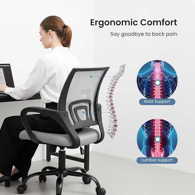 DUMOS Home Office Chair - Ergonomic Mid Back Mesh Desk Chair with Lumbar Support & Rocking Mode, Height Adjustable with Fixed Armrest, for Computer, Gaming, Meeting, Grey, 2 Pack