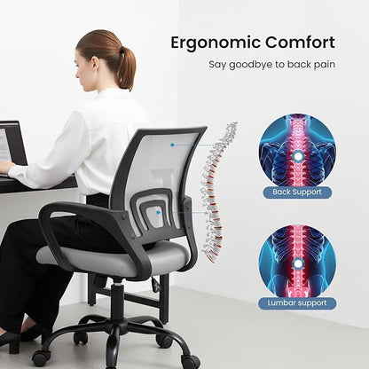 DUMOS Home Office Chair - Ergonomic Mid Back Mesh Desk Chair with Lumbar Support & Rocking Mode, Height Adjustable with Fixed Armrest, for Computer, Gaming, Meeting, Grey, 2 Pack