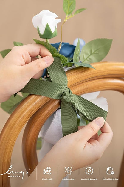 Ling's moment 8 Wedding Artificial Aisle Pew Flowers Chair Decorations Arrangements with Chiffon Ribbons Dusty Blue for Ceremony Reception Chair Back Floral Decor Reception Church Party Outdoor