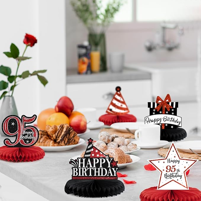Happy 95th Birthday Decorations,95th Bday Red Glitter Shiny Stand Honeycomb Table Centerpieces - Cheers to 95 Years Old Birthday Party Photoprop Gift Sign.