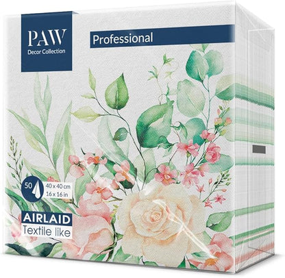 PAW - 50 Pieces Linen-Feel Paper Paper Napkins 16" x 16", Disposable Cloth-Like Napkins with Floral Design, Dinner Napkins for Party, Wedding, Barbecue, Picnic