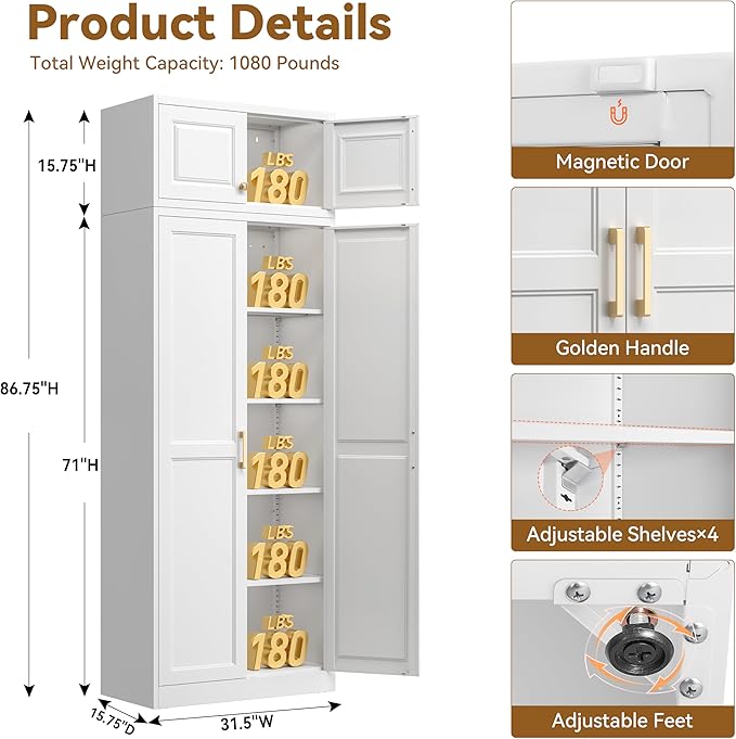 Kitchen Pantry Cabinet, 86 Inch Tall Metal Storage Cabinet, Food Pantry cabinets with Doors and Shelves, White Storage Cabinets for Living Room, Dining, Office, Bathroom, Assembly Required