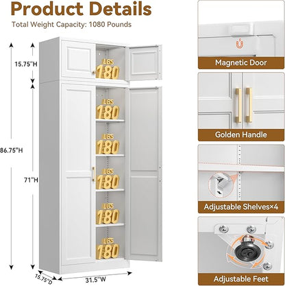 Kitchen Pantry Cabinet, 86 Inch Tall Metal Storage Cabinet, Food Pantry cabinets with Doors and Shelves, White Storage Cabinets for Living Room, Dining, Office, Bathroom, Assembly Required