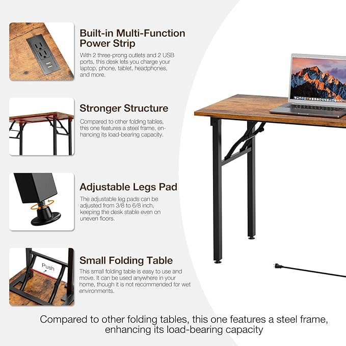 TEMI Long Computer Desk Folding Table - No Assembly, Compact 55" Foldable Desk with Power Outlets & USB Charging Port, Portable Lagre Office Desk, Ideal Large Study Table for Narrow Spaces, Brown