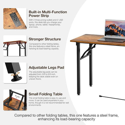 TEMI Long Computer Desk Folding Table - No Assembly, Compact 55" Foldable Desk with Power Outlets & USB Charging Port, Portable Lagre Office Desk, Ideal Large Study Table for Narrow Spaces, Brown