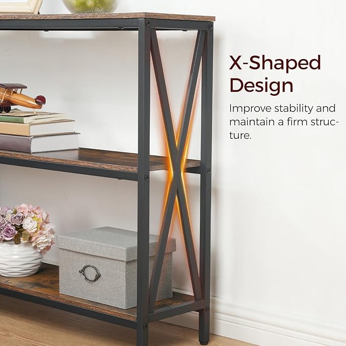 47.2" Sofa Table, Industrial Console Table, 3-Tier Narrow Side Table with Open Shelves, Foyer Table for Entryway, Hallway, Kitchen, Living Room and Bedroom, Rustic Brown CTHR800201