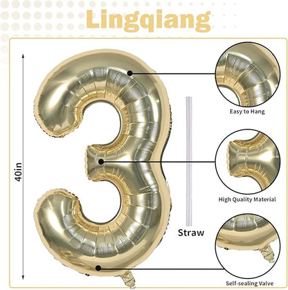 Champagne Gold Number 3 Balloons, 40 Inch Giant Light Gold Helium Foil Number 0-9 for Girls, Self Inflating 3rd Birthday Balloon for Boys Women Men Anniversary Baby Shower Party Decorations Supplies