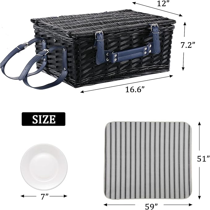 Wicker Picnic Basket for 4 with Waterproof Picnic Blanket and Insulated Cooler, Willow Hamper for Camping, Outdoors, Photoshoot, or a Birthday, Mother's Day, Wedding Gift, Black