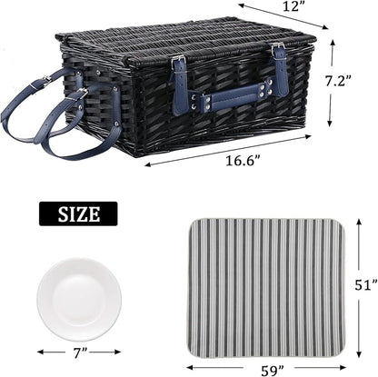 Wicker Picnic Basket for 4 with Waterproof Picnic Blanket and Insulated Cooler, Willow Hamper for Camping, Outdoors, Photoshoot, or a Birthday, Mother's Day, Wedding Gift, Black