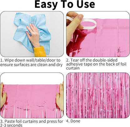 Thicken Pink Streamers 4 Pack 3.2 x 8.2 FT, Pink Birthday Decorations for Girls, Tinsel Backdrop Curtains, Foil Fringe Photo Backdrop for Bachelorette, Graduation, Baby Shower Party Decorations