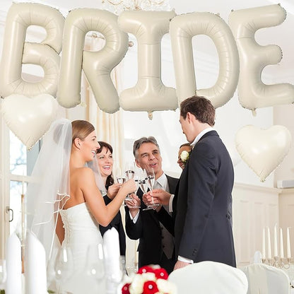 40inch Beige BRIDE Letter Balloons, Giant Cream White Sand Bride Foil Helium Balloon Banner with Heart Balloon for Bride to Be Wedding Engagement Bridal Shower Nude White Bachelorette Party Decoration