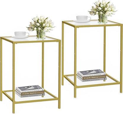 Side Tables Set of 2, End Table with Tempered Glass, 2-Tier Nightstands with Storage Shelves, Coffee Table with Modern Style, Square Sofa Table for Living Room, Bedroom, 15.7"D x 15.7"W, Gold