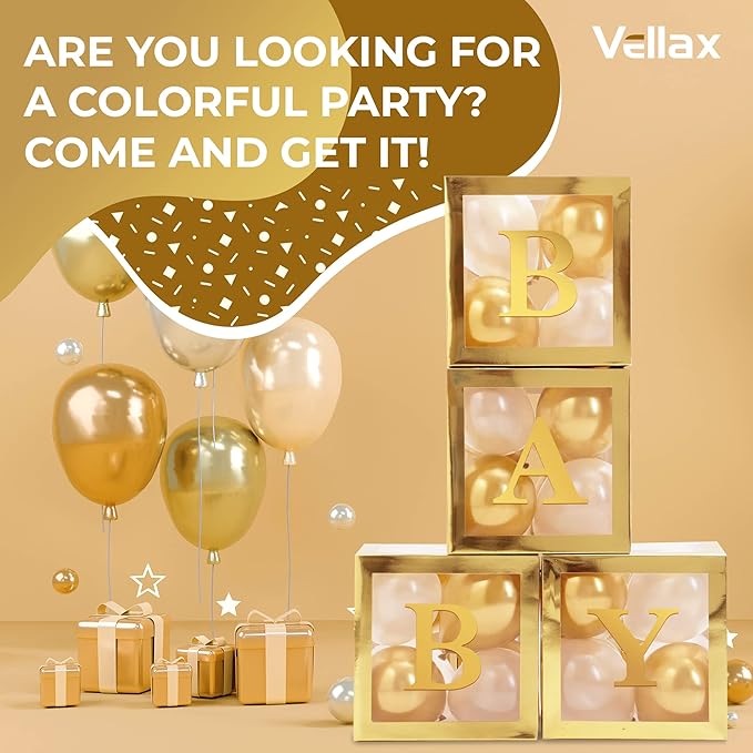 Baby Shower Boxes with Letters – Gold Boxes with Gold & White Balloons – 44-Piece Gender Reveal & Party Decoration Set by Vellax