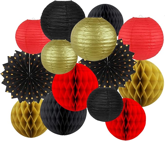 14Pcs Casino Theme Party Decorations, Hanging Red Black Gold Paper Lanterns Fans for Graduation Wedding Birthday Game Night Hibachi New Years Eve Hollywood Theme Party Decorations