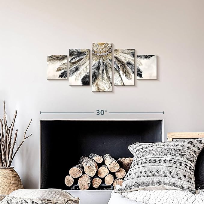 ElephantStock - Necklace Of Feathers Iii Wall Art - Horizontal Multi Panel Canvas - 5 Piece Living Room Wall Decor - Painting Multi Piece Wall Art - Brown And Gray Decor by Eva Watts - 29" x 12"