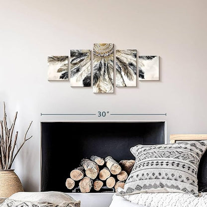 ElephantStock - Necklace Of Feathers Iii Wall Art - Horizontal Multi Panel Canvas - 5 Piece Living Room Wall Decor - Painting Multi Piece Wall Art - Brown And Gray Decor by Eva Watts - 29" x 12"