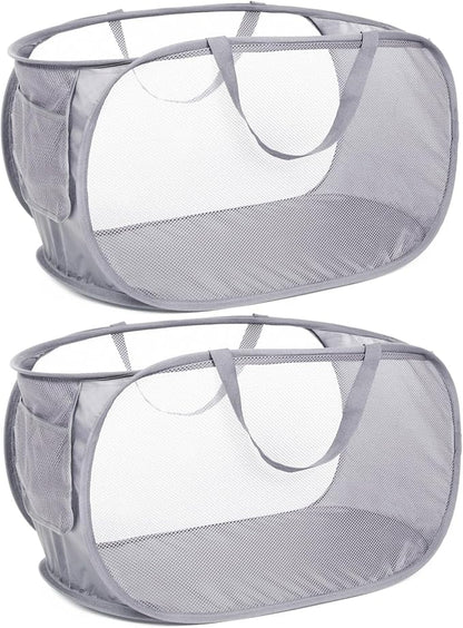 Durable Collapsible Laundry Baskets, Mesh Pop Up Laundry Hamper with Side Pocket, Foldable Clothes Hamper with Reinforced Carry Handles for Laundry, Bathroom, Kids Room, Dorm or Travel 2 Pack Grey