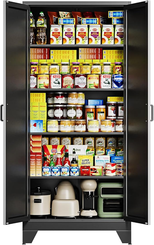Letaya 75" H Metal Storage Cabinet with 2 Doors and 4 Shelves,Tall Kitchen Pantry Cabinets,Farmhouse Utility Pantry Organizers for Cupboard/Dining/Bathroom/Home Office/Garage Room,Black