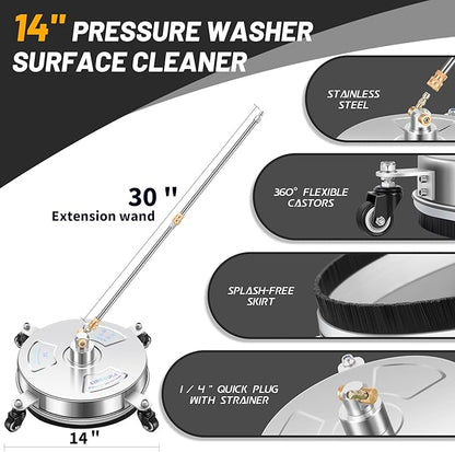 14" Pressure Washer Surface Cleaner with 4 Wheels - Stainless Steel Surface Cleaner for Pressure Washer Attachment for Concrete, Patio, Sidewalk, Deck and Driveways - PWS14