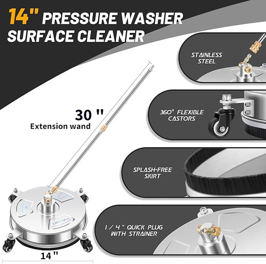 14" Pressure Washer Surface Cleaner with 4 Wheels - Stainless Steel Surface Cleaner for Pressure Washer Attachment for Concrete, Patio, Sidewalk, Deck and Driveways - PWS14