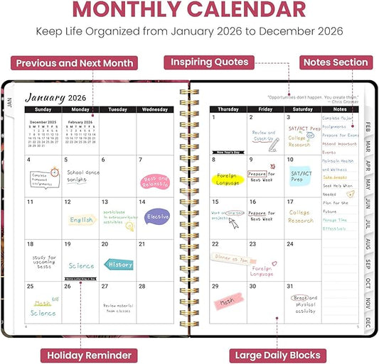 2026 Planner, Weekly and Monthly Planner for Women, Jan 2026 - Dec 2026 Pretty 2026 Calendar Planner with Monthly Tabs, Inner Pocket, Spiral Binding, Perfect for Office Home School - 8.5" x 11", Crimson Floral