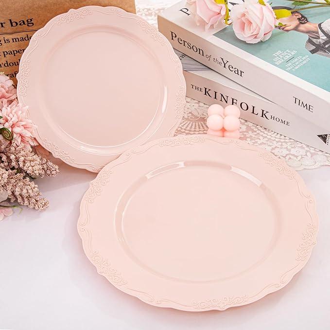 U-QE 100PCS Mauve Pink Plastic Plates - Plastic Party Plates Disposable Heavy Duty - Pink Disposable Plates for Party Including 50PCS 10'' Dinner & 50PCS 7.5'' Dessert